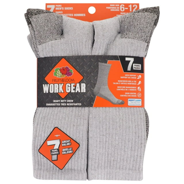 Fruit of the Loom Men's 7 Pair Work Gear Crew Socks, Size 6-12