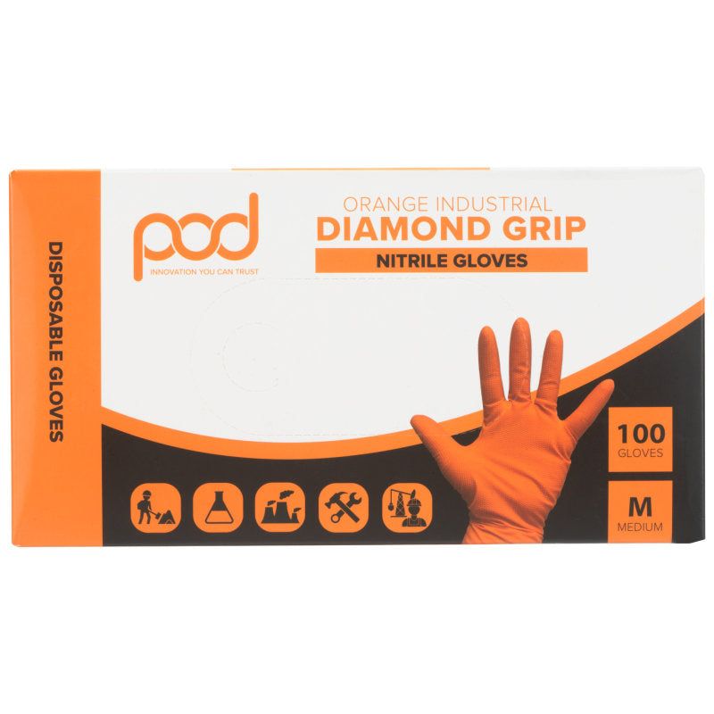 Pods Health Orange Industrial Diamond Grip Nitrile Gloves, Size M