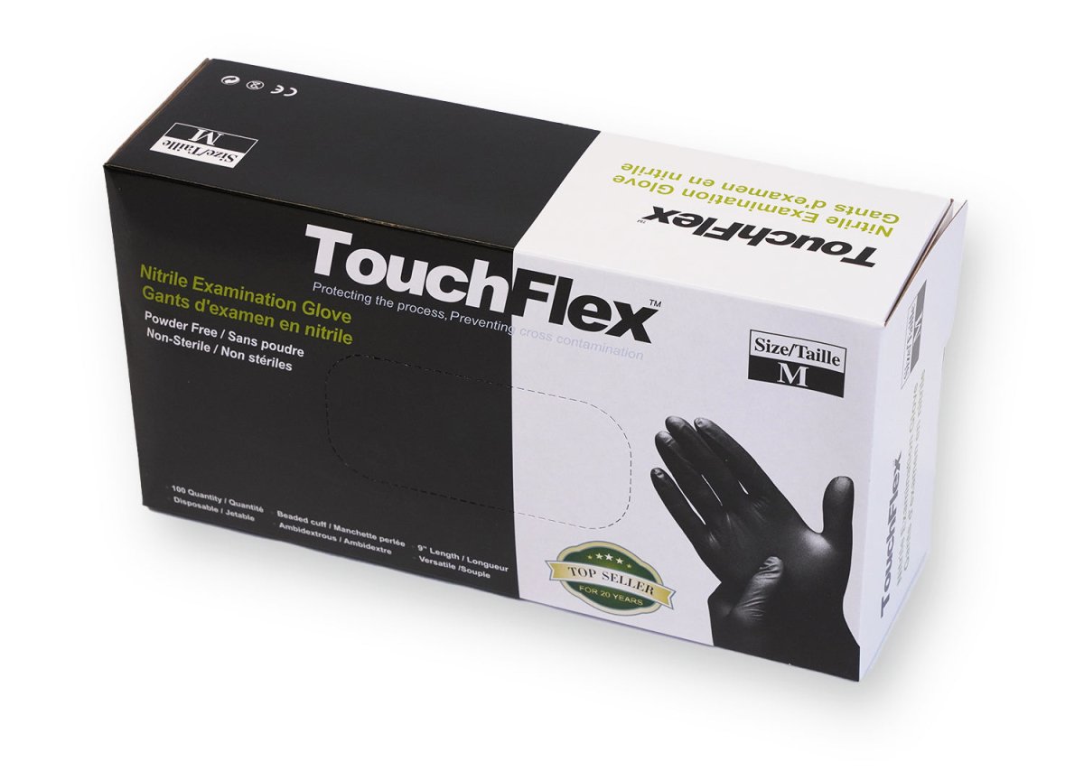 Black TouchFlex Nitrile Exam Powder Free Gloves, Size M
