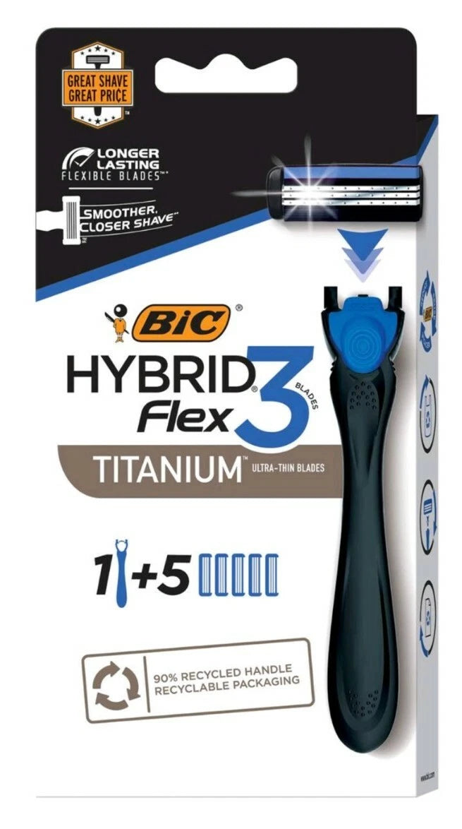 BIC Flex 3 Hybrid Men's 3-Blade Titanium Razor 1­ Handle and 5 Cartridges
