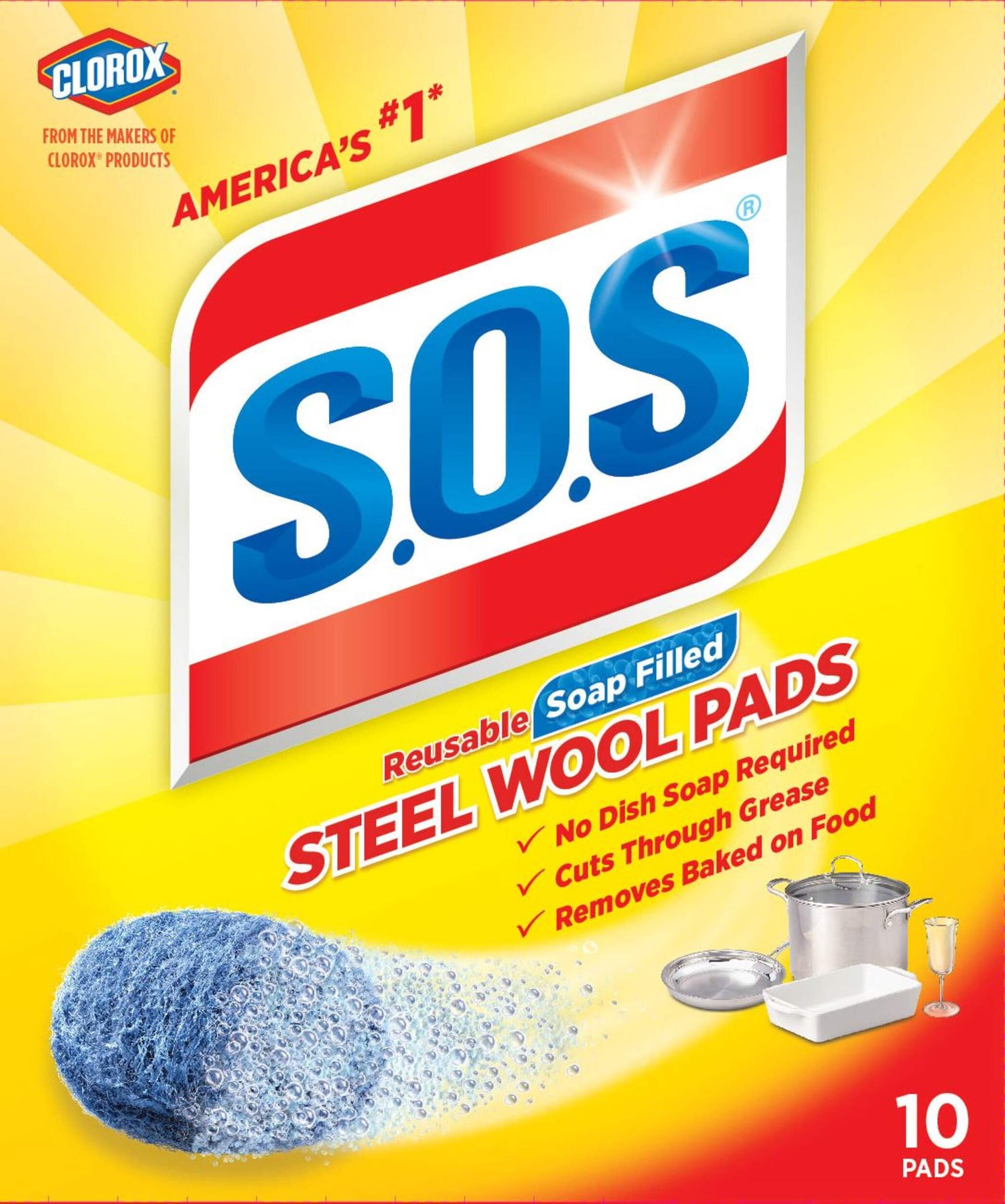 Clorox SOS All-Purpose No-Scratch Steel Wool Soap Pads / Scrub Sponges, 10-pk